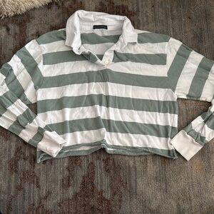 Striped Green and White Long Sleeve Polo